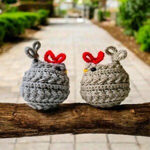 May include: Two handmade crochet bird ornaments. The birds are gray with red crests and yellow accents. They are sitting on a brown wooden branch. The background is a blurred outdoor scene with greenery and a pathway.
