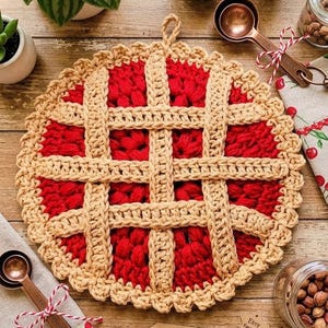 Crochet Cherry Pie Hot Pad: Handmade Farmhouse Kitchen Decor