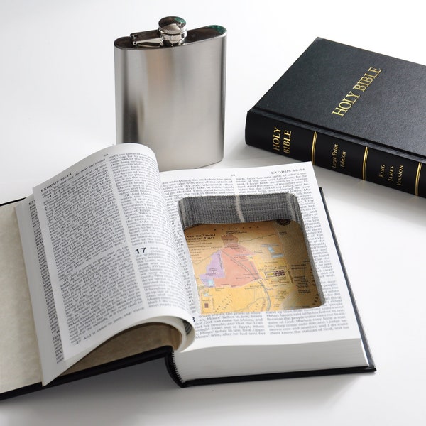 Bible Book Safe w/ 8oz Hidden Flask Option - Secret Hollow Diversion Storage Box- Gift for Preacher Atheist Priest Pastor