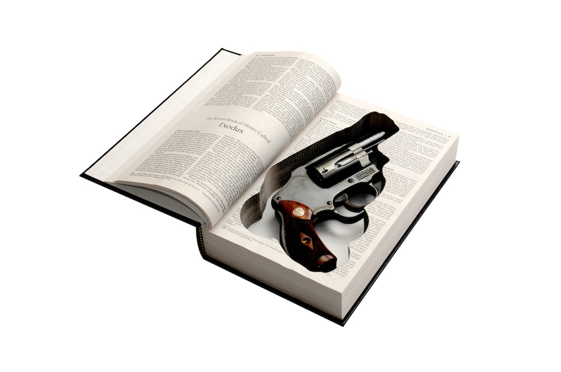 May include: A revolver nestled inside a hollowed-out book. The book is open, revealing the gun's barrel and handle. The book's pages are filled with text, and the cover is black. The gun has a silver finish with a brown handle.
