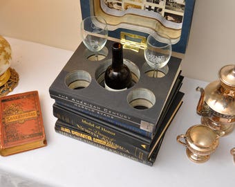 Secret Hidden Book Stack for Wine/Liquor Decanter and glasses