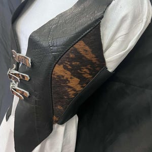 Womens Slimming Crop Tops, Black Leather Bustier with brindle colored hide, Sexy Crop Top