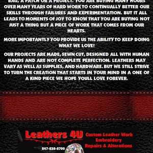 May include: A red and black sign with the text "Leathers 4U" and the phone number 847-838-8700. The sign also includes the text "Custom Leather Work", "Embroidery", "Repairs & Alterations", "Not Just A Store", and "An Experience!"