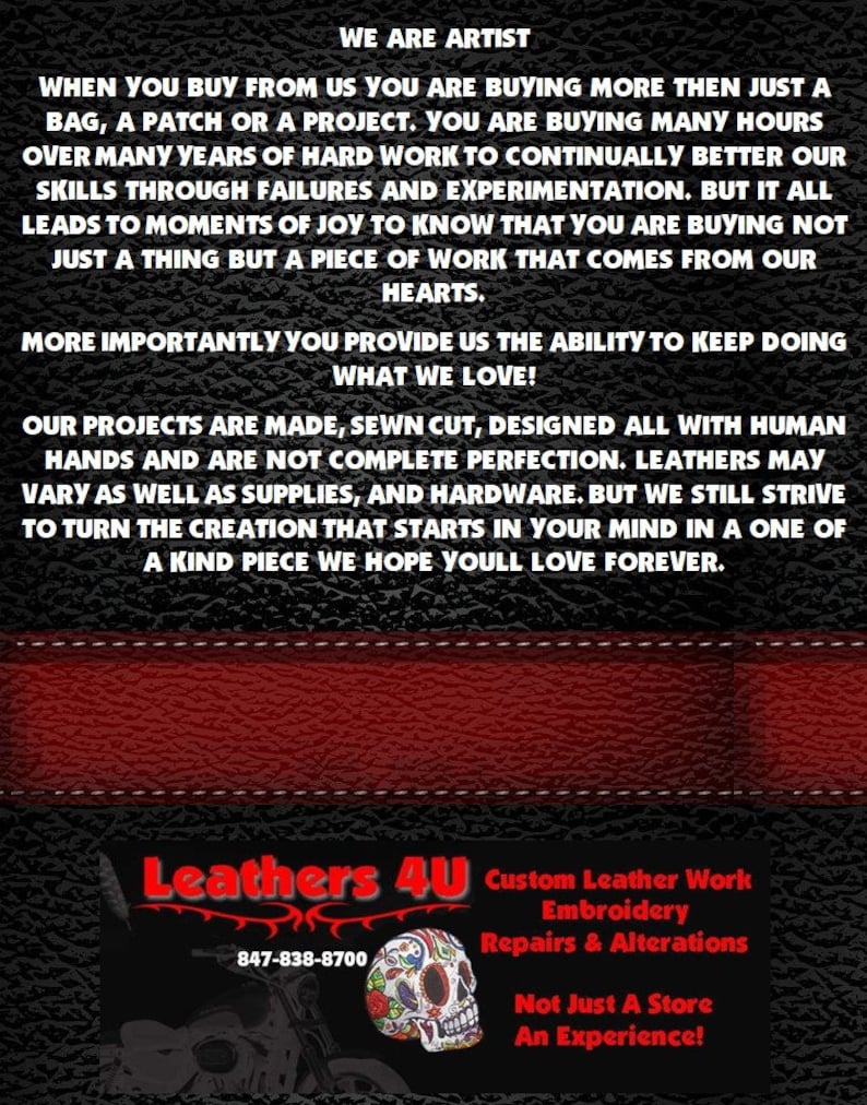 May include: A red and black sign with the text "Leathers 4U" and the phone number 847-838-8700. The sign also includes the text "Custom Leather Work", "Embroidery", "Repairs & Alterations", "Not Just A Store", and "An Experience!"
