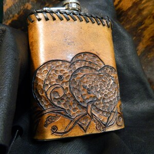 hand tooled and laser engraved leather flask cover, barware accessories