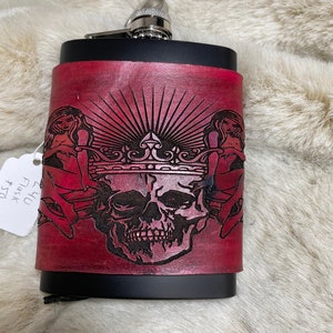 stainless steel leather wrapped flask with skull king and women engraving