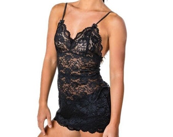 Foxers Black Lace Camisole, Long with Adjustable Straps chemise, Sexy Nightgown, Women's Lingerie