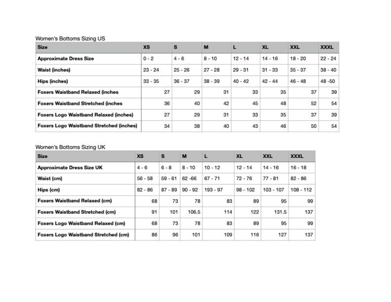 May include: A chart showing women's bottoms sizing in US and UK sizes. The chart includes measurements for waist, hips, and Foxers waistbands in both relaxed and stretched states. The measurements are given in inches for US sizes and centimeters for UK sizes.