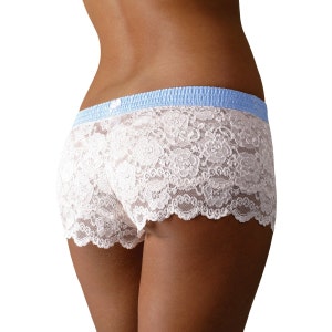 May include: White lace underwear with a light blue elastic waistband.
