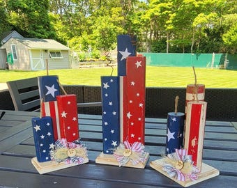 Set of 3 Handcrafted Rustic Wood Firecrackers | Patriotic Decor on Stand | American Shelf Sitter |