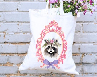 Raccoon Floral Tote Bag Cute Bows Coquette Aesthetic pink Canvas Tote Bag Easter Basket Gift Forest Animals Cottagecore Gift for Mothers Day