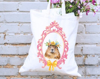 Beaver Floral Tote Bag Cute Bows Aesthetic pink Canvas Tote Bag Easter Basket Gift Forest Animals Cottagecore Gift for Grandma Mothers Day