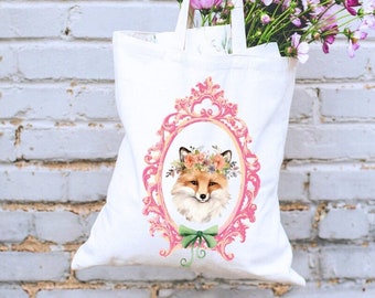 Fox Floral Tote Bag, Cute Bows Coquette Aesthetic, pink Canvas Tote Bag, Easter Basket Gift Forest Animals Cottagecore Gift for Mothers Day