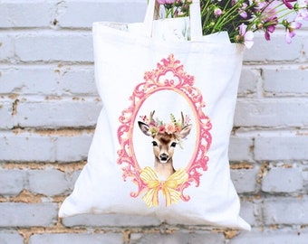 Deer Floral Tote Bag Cute Bows Coquette Aesthetic pink Canvas Shopping lana del rey Cottagecore Forest Animals grandma Gift for Mothers Day