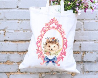 Hedgehog Floral Tote Bag Cute Bow Coquette Aesthetic pink Canvas Tote Bag Easter Egg Basket Forest Animals Cottagecore Gifts for Mothers Day