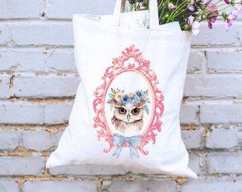 Owl Floral Tote Bag Cute Bows Coquette Aesthetic pink Canvas Tote Bag Easter Basket Gift Forest Animals Cottagecore Gift Potter Harry Wizard