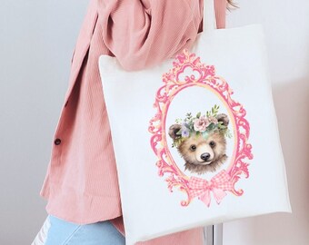 Bear Floral Tote Bag Cute Bows Aesthetic pink Canvas Easter Basket Woodland Animals Cottagecore Gift for Mothers Day Mama bear Mom Grandma