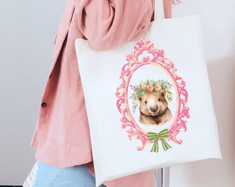 Wombat Floral Tote Bag Cute Bows Coquette Aesthetic pink Canvas Tote Bag Easter Basket Gift Forest Animals Cottagecore Gift for Mothers Day