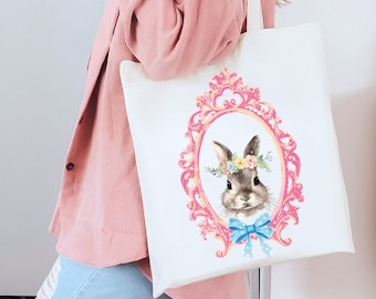 Bunny Floral Tote Bag Cute Bows Aesthetic pink Spring Canvas Tote Bag Egg Easter Basket Gift Forest Animals Cottagecore Gift for Mothers Day