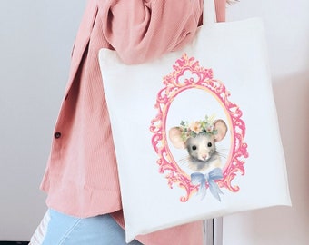 Mouse  Floral Tote Bag Cute Bows Coquette Aesthetic pink Canvas Tote Bag Easter Basket Gift Forest Animals Cottagecore Gift for Mothers Day