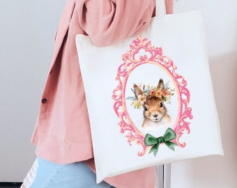 Bunny Floral Tote Easter Egg Hunt Bag Cute Bows Canvas Easter Basket Gift Spring Woodland Animals Cottagecore decor grandma Gift for Mom