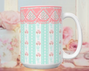 Mint Stripe Pink Rose Lace Mug floral mug girly mug cute coquette mug coquette decor, kawaii mug pastel floral mom gift for wife Victorian