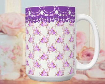 Purple Rose Lace Mug girly coffee mug coquette aesthetic soft girl Lavender pastel floral nature mug Mom Gift for Wife bridal shower prize