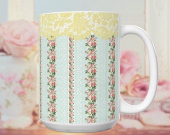 Mint Lace Roses Shabby Chic Mug Romantic Farmhouse French Mug mothers day gift pretty mug gift birthday gift Cottagecore Vintage Floral Mug