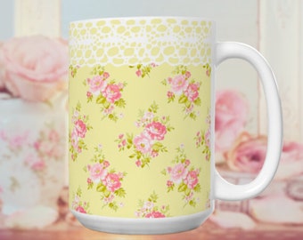 Yellow Pink Roses Floral Mug Gift for mom victorian teacup vintage french fairycore mug, pastel floral ditsy floral mug bridal shower prize