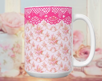 Pink Roses Shabby Chic Mug French Farmhouse Romantic Coquette Mug Pretty Floral Mug Gifts for Mom Cottagecore Romantic Retro Mug Victorian