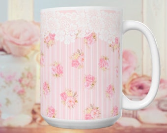 Vintage French Pink Roses Shabby Chic Farmhouse Mug Pastel Floral teacup romantic retro mug gift for mom Floral Coffee Mug Botanical bridal