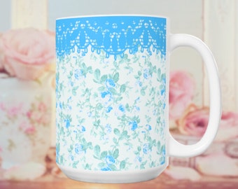 Blue Roses Shabby Chic Mug Vintage Floral Mug Gifts for Mom Cottagecore Gifts for Sister Vintage French Farmhouse teacup Romantic Retro Mug