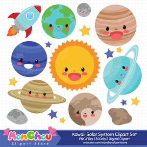 May include: A collection of Kawaii-style solar system clip art. Includes a blue rocket, smiling planets, stars, and moons. The sun is yellow with a smiling face. The text "Kawaii Solar System Clipart Set" is visible.