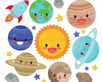 Kawaii Solar System Clipart Set – Space Graphics (Digital Download)
