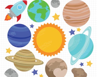 Solar System Clipart Set – Planets, Space Rocket (Digital Download)