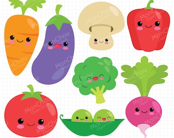 Cute Vegetables Clipart  - Kawaii Veggies Clipart Set - Instant Download - Commercial and Personal Use Cliparts