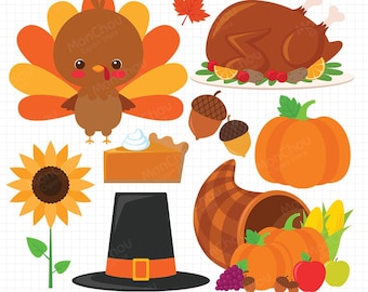 May include: Thanksgiving-themed digital clipart set featuring a cartoon turkey, roasted turkey, pumpkin pie, acorns, a pumpkin, a cornucopia, and a pilgrim hat. The set includes a sunflower, apples, grapes, and corn. The color palette includes orange, brown, and yellow.