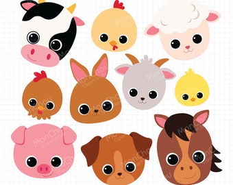 Farm Animal Face Clipart - Cute Farm and Barn Animal Face Graphics - Commercial and Personal Use - Instant Download