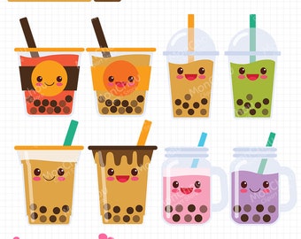 Milk Tea Clipart - Kawaii Boba Milk Tea Clipart Set - Instant Download - Commercial and Personal Use Cliparts