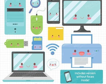 Kawaii Technology Clipart  - Cute Tech Clipart Set - Instant Download - Commercial and Personal Use Cliparts