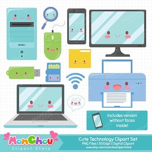 Kawaii Technologie Clipart - süße Tech Clipart Set - Instant Download - kommerzielle und persönliche Nutzung Cliparts