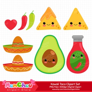 May include: A set of kawaii taco clipart featuring a red heart, a red chili pepper, a green chili pepper, two yellow tortilla chips with smiling faces, two orange sombreros, a green avocado with a smiling face, and a red bottle of hot sauce with a smiling face and a green chili pepper inside.