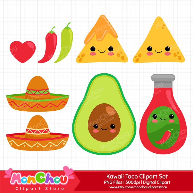 May include: A set of kawaii taco clipart featuring a red heart, a red chili pepper, a green chili pepper, two yellow tortilla chips with smiling faces, two orange sombreros, a green avocado with a smiling face, and a red bottle of hot sauce with a smiling face and a green chili pepper inside.