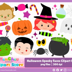 Könnte beinhalten: Eine Sammlung von Halloween-Clipart mit verschiedenen gruseligen Gesichtern und Elementen. Enthält einen Werwolf, Kürbis, Hexe, Geist, Frankenstein, Vampir, Spinne, Kessel, Süßigkeiten und Sterne. Der Text lautet "Halloween Spooky Faces Clipart Set".
