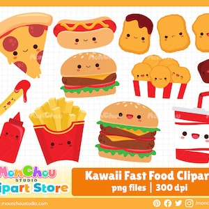 Fast Food Clipart Set - Kawaii Fast Food Printable Clip Art for Commercial and Personal Use