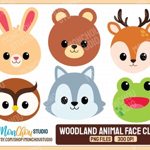 Woodland Animal Face Clipart - Cute Woodland Animal Heads Graphics -  Instant Download - Commercial and Personal Use Clipart
