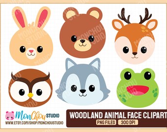 Woodland Animal Face Clipart - Cute Woodland Animal Heads Graphics -  Instant Download - Commercial and Personal Use Clipart