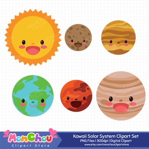 May include: A digital clipart set featuring a smiling sun and planets: Mercury, Jupiter, Earth, Mars, and another planet. The planets have smiling faces. The image includes the text "Kawaii Solar System Clipart Set" and "MonChou Clipart Store".
