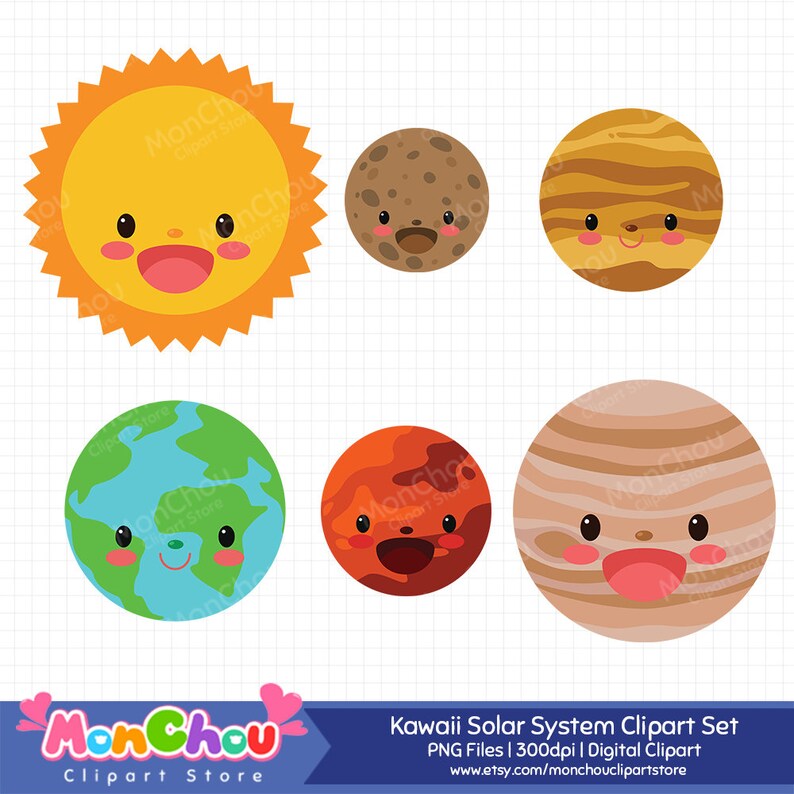 May include: A digital clipart set featuring a smiling sun and planets: Mercury, Jupiter, Earth, Mars, and another planet. The planets have smiling faces. The image includes the text "Kawaii Solar System Clipart Set" and "MonChou Clipart Store".