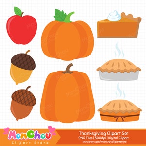 K&ouml;nnte beinhalten: Digitales Thanksgiving-Clipart-Set mit einem roten Apfel, orangefarbenen K&uuml;rbissen, Eicheln und St&uuml;cken K&uuml;rbiskuchen mit Schlagsahne. Das Set enth&auml;lt verschiedene herbstliche Illustrationen, ideal f&uuml;r digitale Bastelarbeiten und Designs.